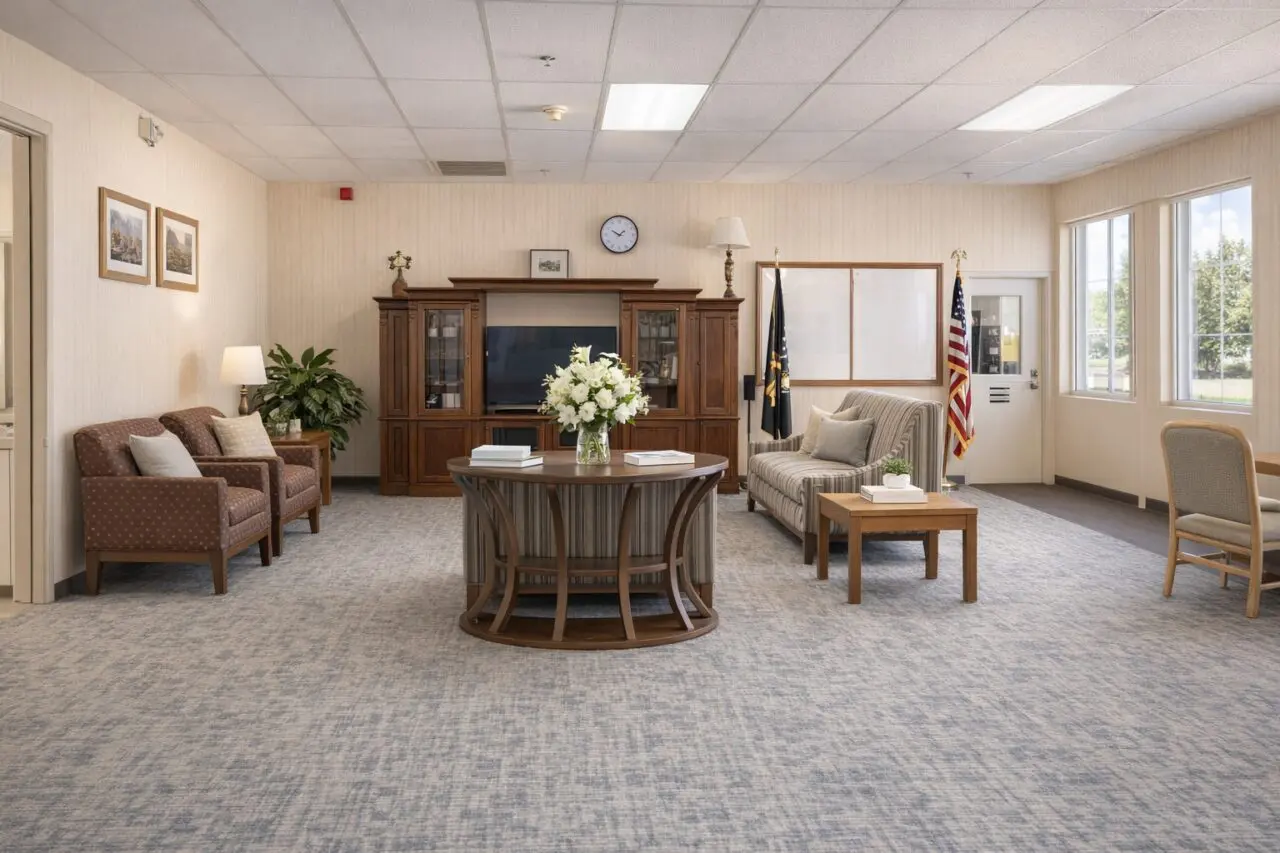 A spacious, well-lit waiting area with beige walls, large windows, and a patterned carpet. It features two upholstered armchairs with pillows, a small side table with a plant, a round wooden table with a flower arrangement in the center, and a large wooden cabinet with a television above. A clock, flags, and a whiteboard are mounted on the wall behind the cabinet. There are also framed pictures on the wall and additional seating along the window.