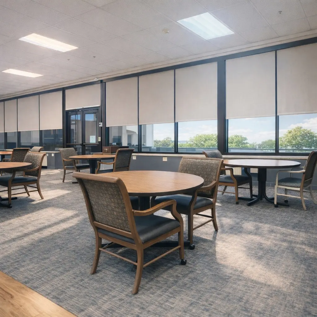 A spacious room with several round and rectangular tables, each surrounded by cushioned chairs. Large windows with beige shades partially drawn, revealing a view of trees outside. Overhead fluorescent lighting illuminates the room.