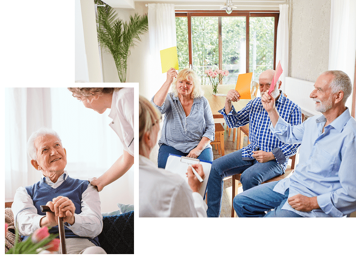 A group of elderly people sitting together in a bright, cheerful room, engaging in a discussion or activity, with some holding colored cards. A nurse or caregiver is smiling and interacting with an elderly woman who is holding a cane, in a separate inset image.